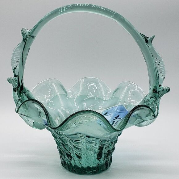 Unknown Other - Teal White Blue Vintage Art Glass Ruffled Waffle Fruit Basket with Handle
